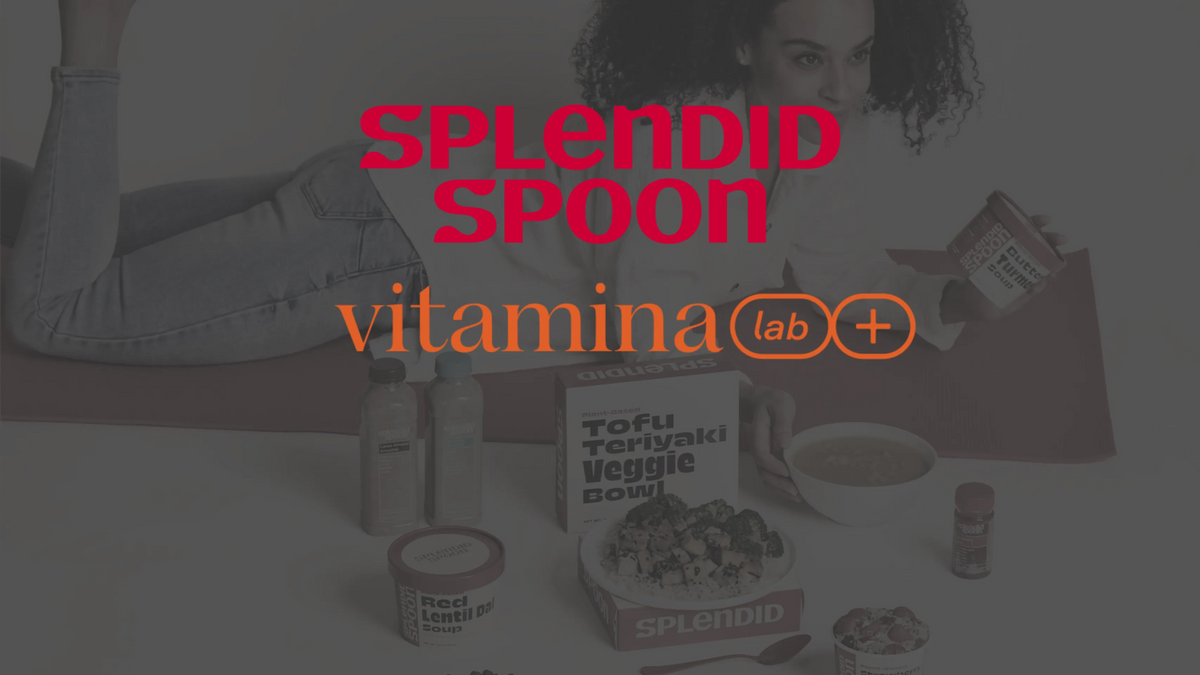 Promotional image with 'Splendid Spoon' and 'vitamina lab+' logos, featuring food items and a person.