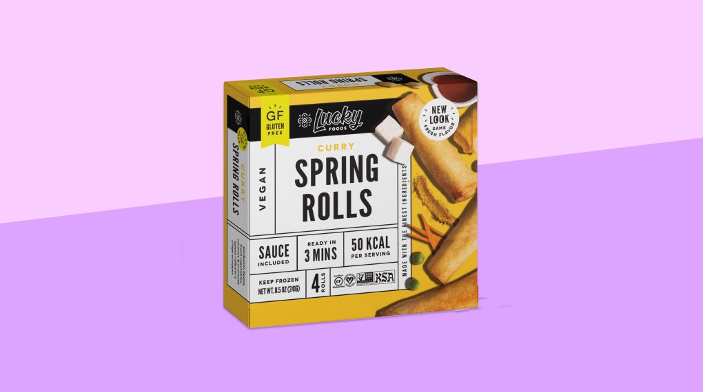 A box of Lucky Foods Curry Spring Rolls