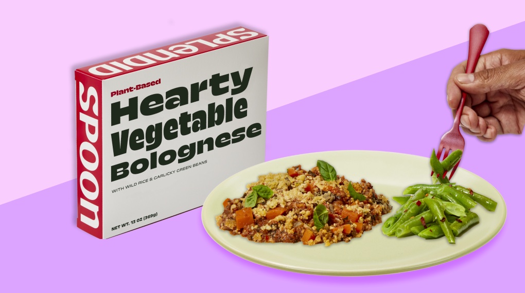 Hearty Vegetable Bolognese on a white plate next to its box