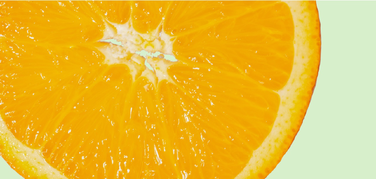 A thin slice of an orage on a white background, showing the flesh of the orange and its skin