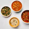 Collection of light soups, Lentil & Kale, Cauliflower Tikka, Cauliflower Potato Chowder, and Garden Minestrone