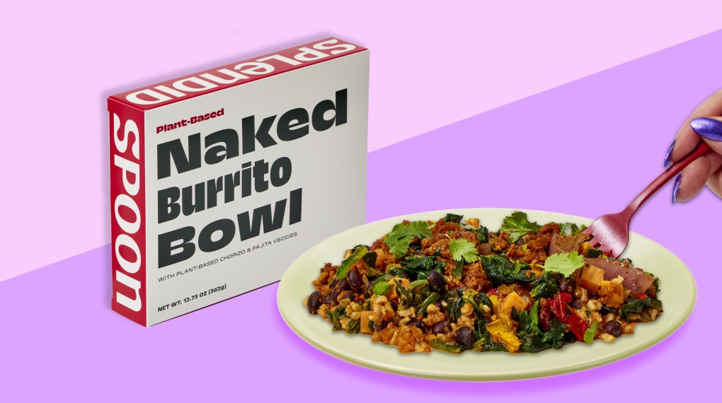 The Splendid Spoon Naked Burrito Bowl on a white plate seen next to its box
