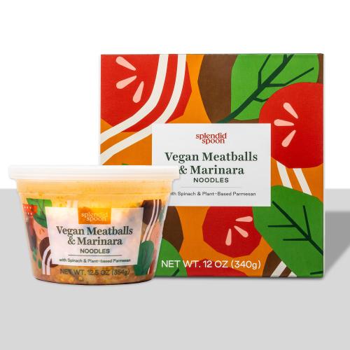 Vegan Meatballs & Marinara Noodles Packaging, plastic bowl on left, new cardboard boxes on right