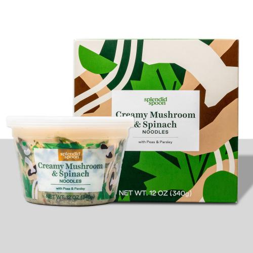 Creamy Mushroom & Spinach Noodles Packaging, plastic bowl on left, new cardboard boxes on right