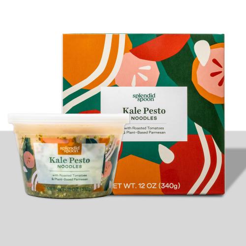 Kale Pesto Noodles Packaging, plastic bowl on left, new cardboard boxes on right