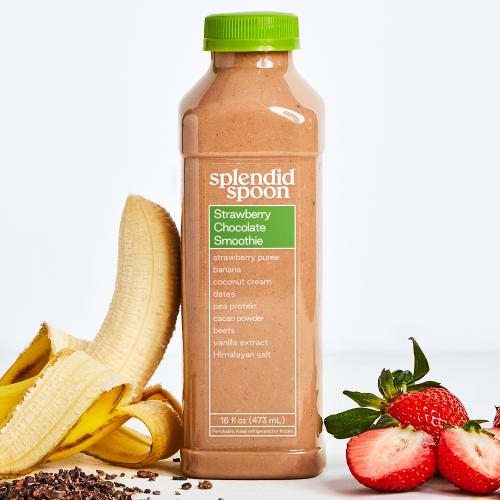 Strawberry Chocolate Smoothie with ingredients around it. 