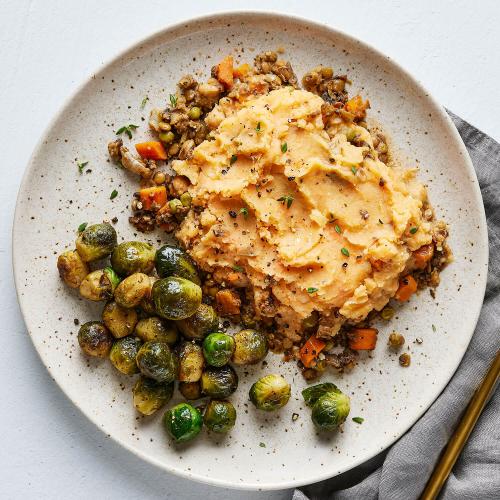 Vegan Shepherd’s Pie Dish with sweet potato mash & Brussels sprouts