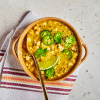 Green Tomatillo Chili Soup with spoon and napkin